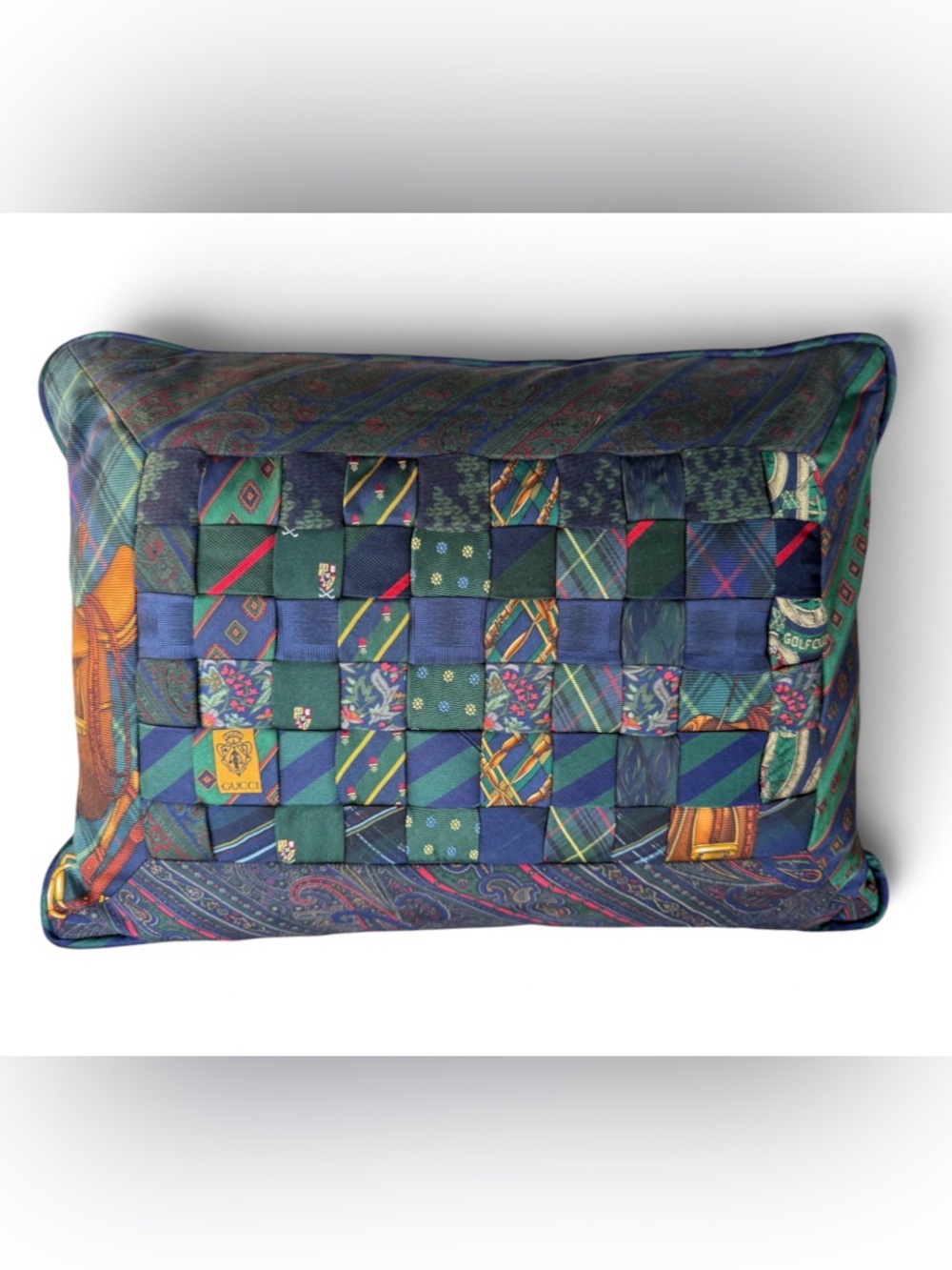 Silk Patchwork Accent Pillow Blue Green Equestrian College Golf Paisley Stripe